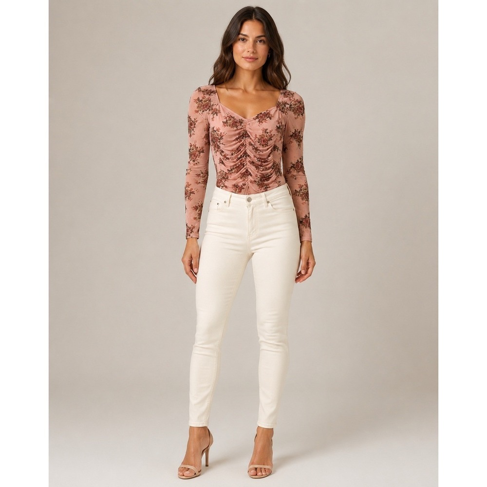 Y2K‎ Rue21 Bodysuit Shirt Womens M Pink Floral Ruffle Romantic Cottagecore